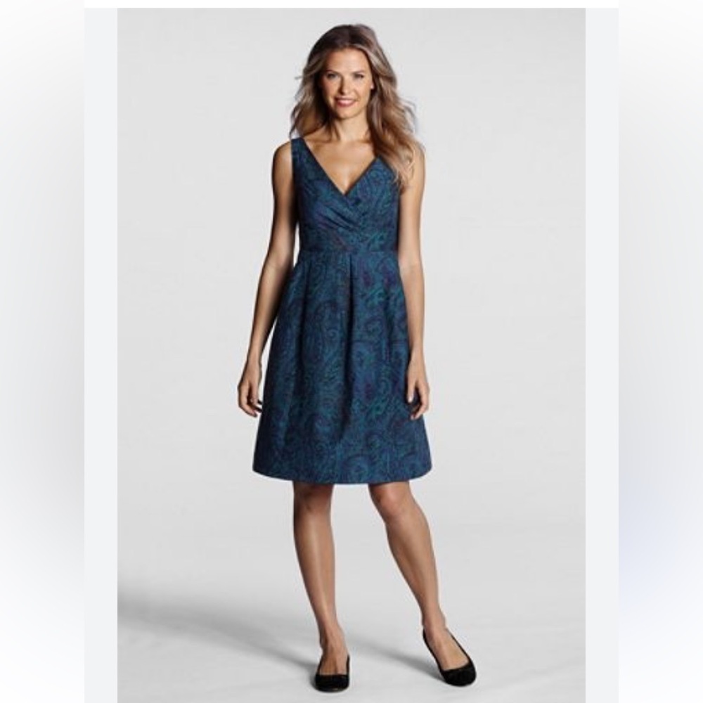 Lands' End Dress Womens 6 Blue Teal Silk Blend Paisley Fit Flare Empire Waist